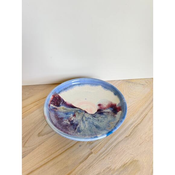 VINTAGE Blue Purple Footed Plate Ceramic Art Pottery Hand Painted Decoration - Picture 2 of 5